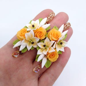 Lilies & rose earrings Flower Polymer Clay jewelry Yellow orange earrings Long earrings Miniature flower Statement earring Miniature bouquet
