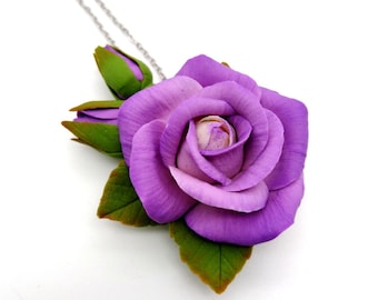 Handmade Polymer Clay Purple Rose Pendant Necklace