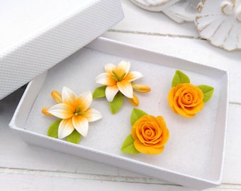 Handgemachte Blumen-Ohrstecker aus Polymer Clay: Set Lilie & Rose