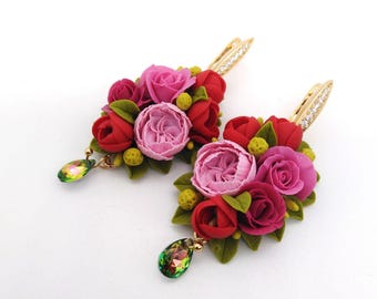 Handmade Polymer Clay Flower Earrings: Red & Pink Floral Jewelry