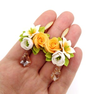Lilies & rose earrings Flower Polymer Clay jewelry Yellow orange earrings Long earrings Miniature flower Statement earring Miniature bouquet