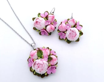 Handmade Polymer Clay Peony Jewelry Set: Stainless Steel Necklace and Earrings