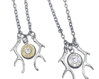 Bullet Jewelry Antler Charm Necklace - Petite Double Antler & Bullet Necklace - Unique Antler Jewelry for Her for Huntress Jewelry Design