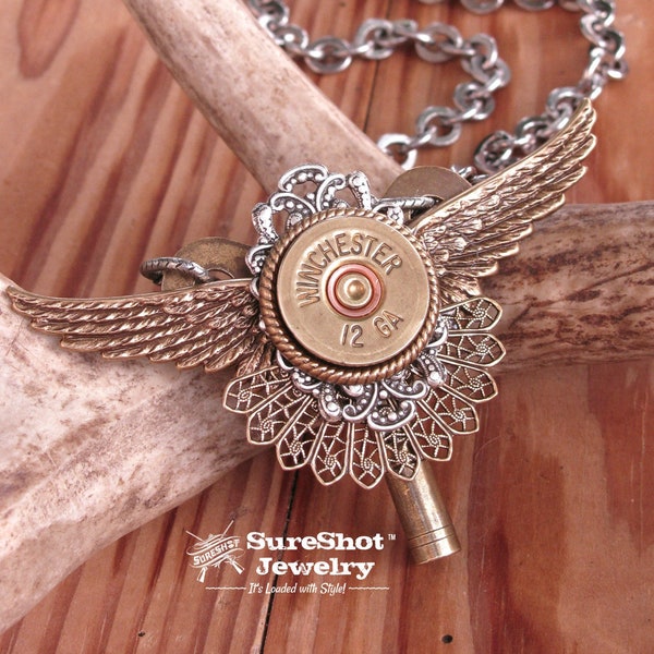 Steampunk Jewelry - 12 Gauge Shotshell Winged Clock Key Necklace - Rocker, Biker Styling - BEST SELLER!