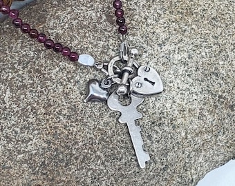 Petite Amethyst Heart & Key Charm Necklace – February Birthstone Jewelry - Valentine Gift for Her