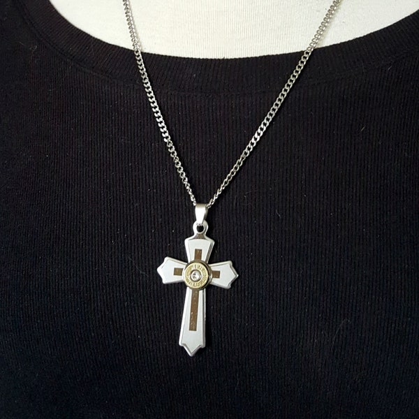 Men's Jewelry - Bullet Jewelry - Cross Necklace - UNISEX Stainless Steel Cross Bullet Necklace - Choose Your Length - Crucifix Necklace