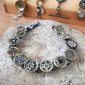 Antique Button Bracelet Vintage Small Picture Button Jewelry Repurposed Gift for Her Unique Handmade Multi-Button Bracelet Brass Art Nouveau