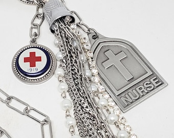 Nurse Necklace, Long Assemblage Art Necklace for Nurses, Red Cross Pendant, Vintage Nurse Gift, Thimble Tassel Necklace, Healthcare Jewelry