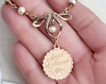 Maid of Honor Gift - Maid of Honor Proposal - Wedding Gift - Vintage New/Old Stock Maid of Honor Pendant Pearl Necklace - Matron of Honur