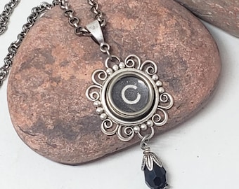 Vintage Typewriter Key Necklace  - Typewriter Jewelry - Letter Jewelry - Black Initial C Typewriter Key Pendant Clover Shape Monogram Gift
