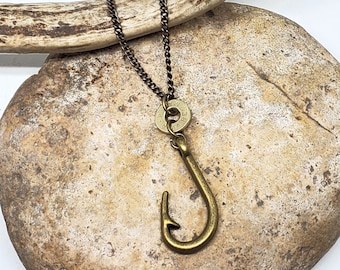 Men's Jewelry - Fishing Jewelry - Bullet Jewelry - Antique Brass Hooked on Shooting and Fishing Necklace - Unisex Styling