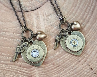 Bullet Jewelry - Heart Jewelry - Love - BRASS Shot Thru the Heart Bullet Necklace - BEST SELLER! - 28g Shotshell Pistol Heart Charm Necklace