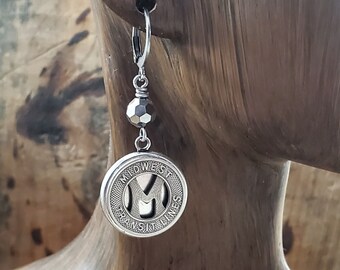 Letter M Coin Earrings - Personalized - Transit Token Jewelry - Travel - Transportation - Subway Tokens - Ames, Iowa - Midwest Transit Line