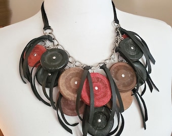 Upcycled Toy Wheel Necklace, Statement Bib Necklace, Black and Red Tribal Inspired Wearable Art, Wood & Leather Necklace, Bold Boho Jewelry