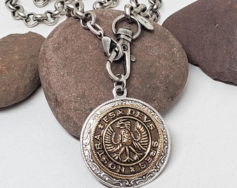 Vintage Button Necklace Double Headed Eagle Pendant Latin Motto Jewelry Religious Pendant Mixed Metal Necklace Spiritual Jewelry for Her