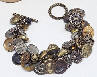 Vintage Button Charm Bracelet, Antique Brass Statement Bracelet, Upcycled Jewelry, One of a Kind Button Bracelet, Picture Button Jewelry
