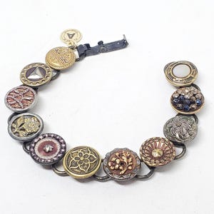Antique Button Bracelet Vintage Small Picture Button Jewelry Repurposed Gift for Her Unique Handmade Multi-Button Bracelet Brass Art Nouveau