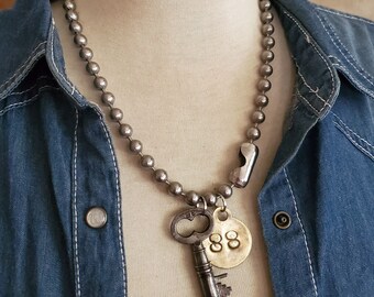 Ball Chain Necklace - Oversized Ball Chain, Vintage Skeleton Key, Brass Room Tag #88 Charm Necklace - Industrial, Hip, Trendy Necklace