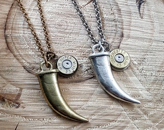 Men's Necklaces - Jewelry for Men - Bullet Necklace - Horn Pendant - Italian Horn & Rifle Casing Charm Necklace - Unisex Jewelry - Gift Idea