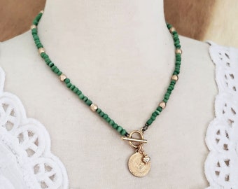 Beaded Necklace - Light Green and Matte Gold Beaded Charm Necklace - Faith, Hope & Charity with Tiny Heart Charm Necklace