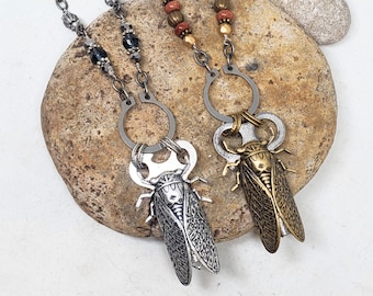 Cicada Necklace - Insect Jewelry - Warm Fall Rustic Colors - Upcycled Vintage Skate Key Necklace - Cicada Pendant - Rebirth, Transformation