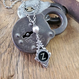 Typewriter Jewelry - Initial Z Black Typewriter Key Necklace - Personalized Jewelry - Letter Necklace - White Pearl Beaded - Gift for Her