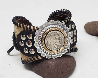 Baseball Cuff Bracelet - Leather Southwest Style Concho, Buffalo Nickel Coin with BLACK Leather, Riveted Upcycled Baseball Cuff Bracelet