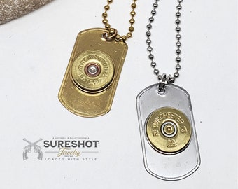 Dog Tag Necklace - 12 Gauge Shotshell Military Style Dog Tag Jewelry - Bullet Jewelry - Gift for Guy - Unisex Necklace - SureShot Jewelry