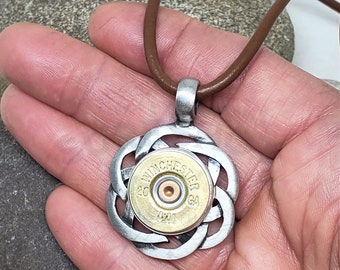 Bullet Necklace - Celtic Style - Men / Ladies 20 Ga Shotshell Celtic Knot Round Pendant Leather Necklace - Bullet Jewelry - Men's Necklace