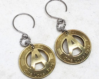 Coin Earrings - Letter A - Personalized San Mateo county California "SamTrans" Initial A Brass Token Earrings - Transit Tokens - Bay Area