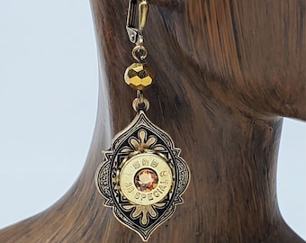 Bullet Earrings - Bullet Jewelry - Bohemian Style Antique Brass with Citrine Crystal Bullet Dangle Earrings - November Birthday