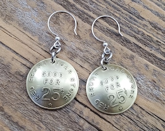 Coin Jewelry - Vintage Red Front Cigar Store Brass Token Earrings - Modern Coin Earrings - Good for 25 Cents Gold Coin Dangle Earrings