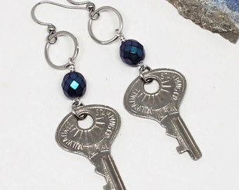 Key Earrings - Silver & Sapphire Matched Pair of Vintage Petite Key Earrings - Milwaukee Stamping Co. - Upcycled Skeleton Key Earrings