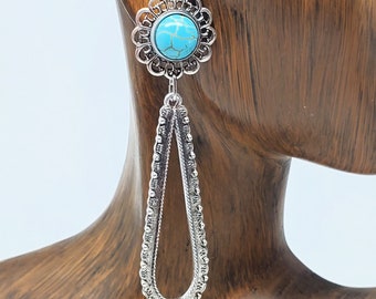 Turquoise Earrings - Long Open Teardrop with Round Filigree Turquoise Magnesite Embellished Antique Silver Post Dangle Earrings - Boho Look