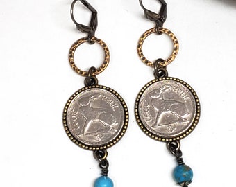Coin Jewelry - Coin Earrings - Irish Rabbit Hare Coins - Bunny Earrings - Brass Turquoise Beaded Coin Earrings - Year of the Rabbit