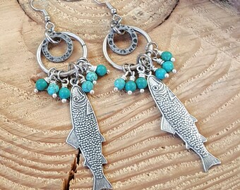 Turquoise Jewelry - Fishing Theme - Fish Earrings - Antique Silver Trout Fish Pendant Turquoise Beaded Dangle Earrings - Sardines