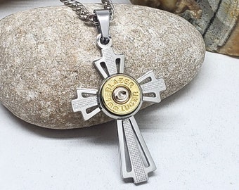 Men's Bullet Jewelry - Men's Necklaces - 9mm Bullet Cross Necklace - Stainless Steel Jewelry for Men - Necklace for Man - Gift for Guy