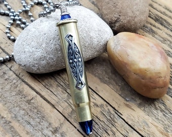 Rifle Casing, Filigree and Sapphire Long Bullet Necklace - Bullet Jewelry - September Birthday - Blue Crystal Beaded Brass Bullet Necklace