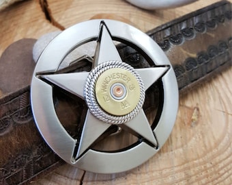 Belt Buckle - Lone Star - Texas -  Sheriff - 12 Gauge Shotshell Silver Star Belt Buckle - Western Fashion - For the Guys - SureShot Jewelry