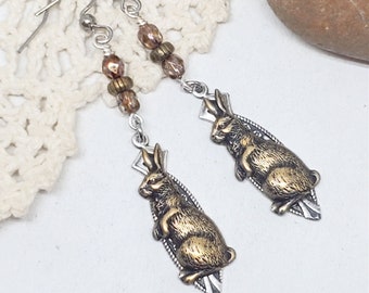 Bunny Earrings - Rabbit Theme Mixed Metal Beaded Dangle Earrings - Neutral, Brass and Silver Slender Lightweight Easter Jewelry