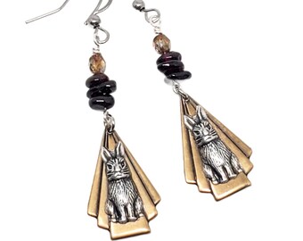 Bunny Earrings - Rabbit Theme Mixed Metal Garnet Beaded Dangle Earrings - Brass and Silver Art Deco Styled Easter Jewelry - Hare