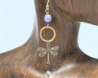 Dragonfly Earrings - Lightweight, Lavender Blue Rainbow Beaded Antique Gold and Brass Petite Dragonfly Earrings - Insect Jewelry - Good Luck