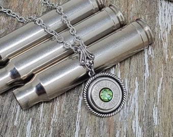 Bullet Jewelry - AUGUST Birthday - Peridot Green Bullet Necklace - Single Bullet Pendant - Classy & Edgy - BEST SELLER! - Best Quality