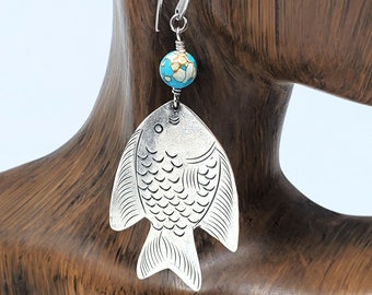 Fishing Jewelry - Fish Earrings - BEST SELLER - Hand Etched Silver Fish Dangle Earrings - Turquoise Beadwork - Boho Style - Aquatic - Marine