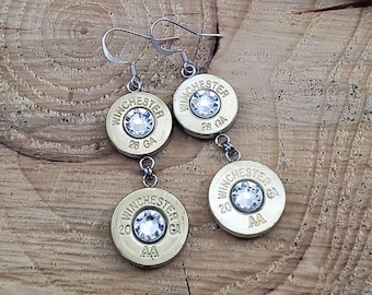 Bullet Jewelry - Shotshell Earrings - Double Brass Shotshell Dangle Earrings - 28 Gauge / 20 Gauge - BEST QUALITY - Large or Small Crystals