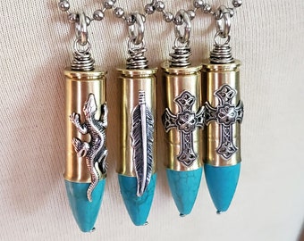 Turquoise Jewelry - Bullet Necklace - Bullet Jewelry - Crucifix, Feather, Lizard, Fleur de Lis Embellished Colt 45 Casing Turquoise Necklace