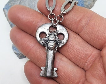 Key Necklace - Bee Embellished Skeleton Key Necklace - Antique Steel Barrel Key Necklace - SAVE THE BEES! - Upcycled Key Jewelry