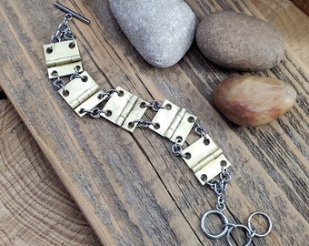 Industrial - Upcycled Hardware - Vintage Small Brass Hinge Link Bracelet - Repurposed Parlour Organ Hinge Mixed Metal Bracelet - Unique