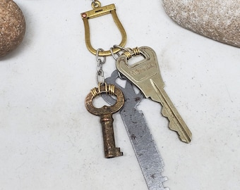 Triple Vintage Key Necklaces - Key Stack Necklace - Weiser House Key - Safe Deposit Box Key - Small Brass Lock Key - Upcycled Key Necklace