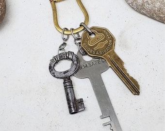 Triple Vintage Key Necklace - Key Stack Necklace - HHM Safe Deposit Box Key - Briggs & Stratton Brass Key  - Small Steel Barrel Key